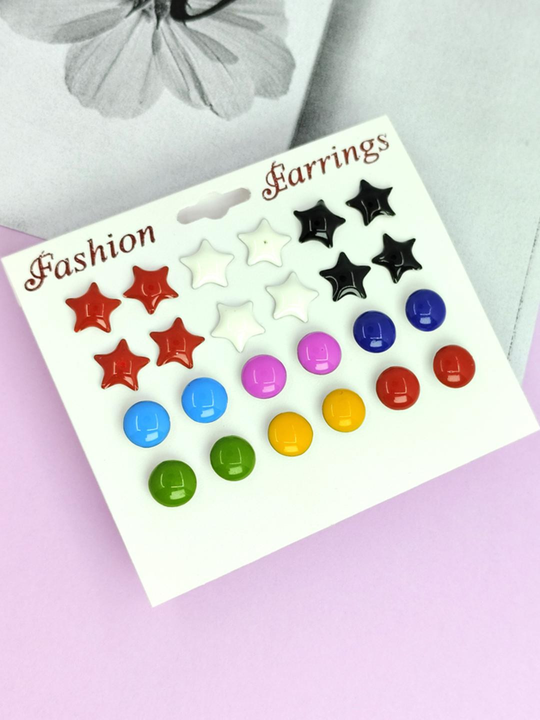 NAVJAI Girls Set Of 12 Multicolored Circular & Star Shaped Studs Earrings