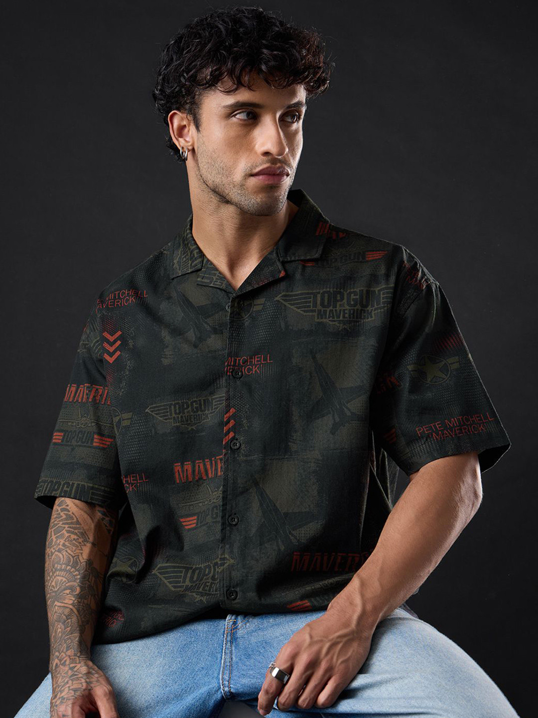 The Souled Store Official Men Top Gun: Aviator Black Oversized Fit Shirts