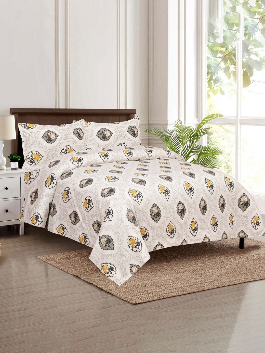 Aura White & Yellow 4 Pieces Ethnic Motifs Cotton AC Room 150 GSM Double Bed Dohars