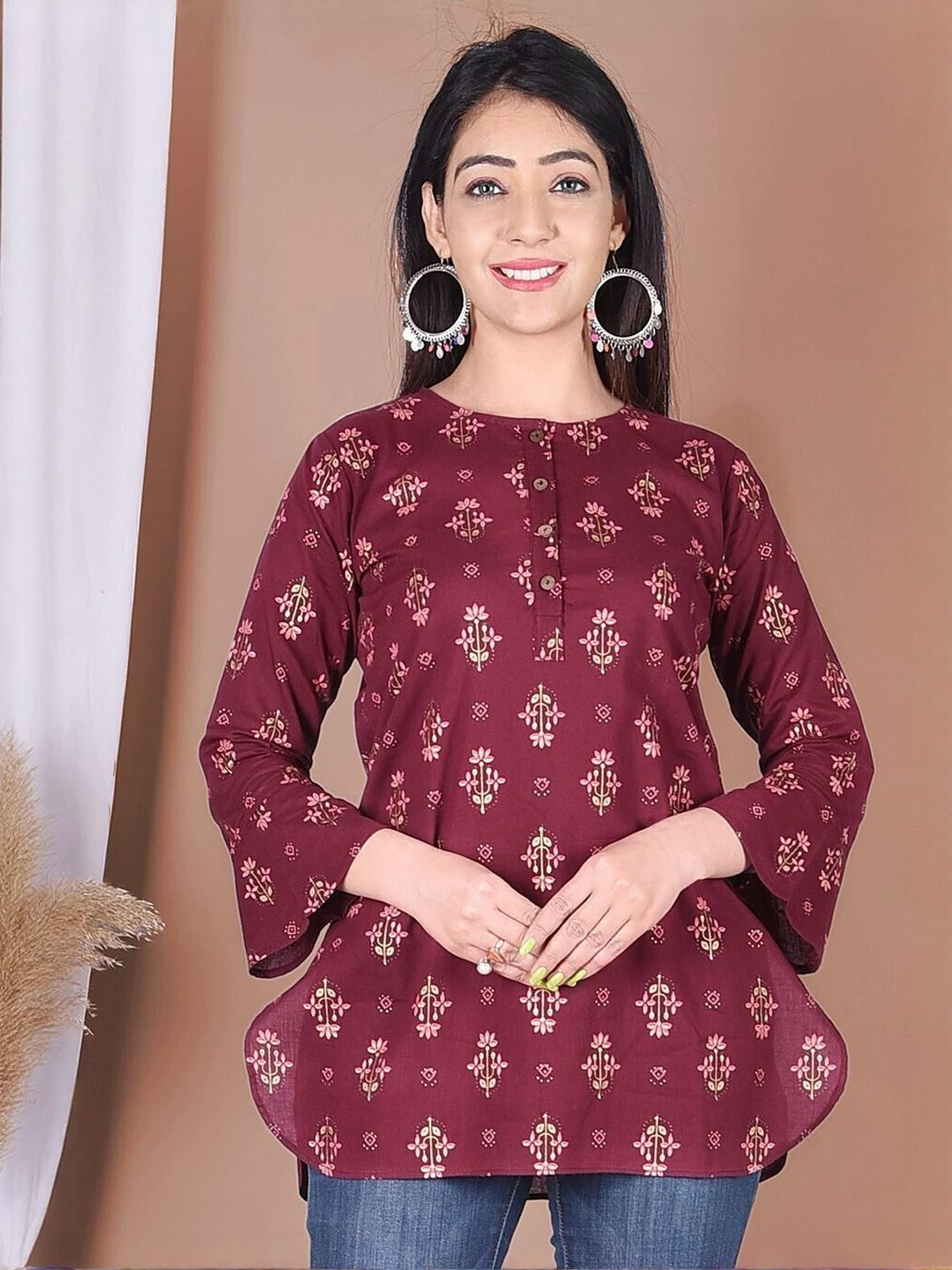 Indiwest Women Burgundy Ethnic Printed Pure Cotton Tunics Top
