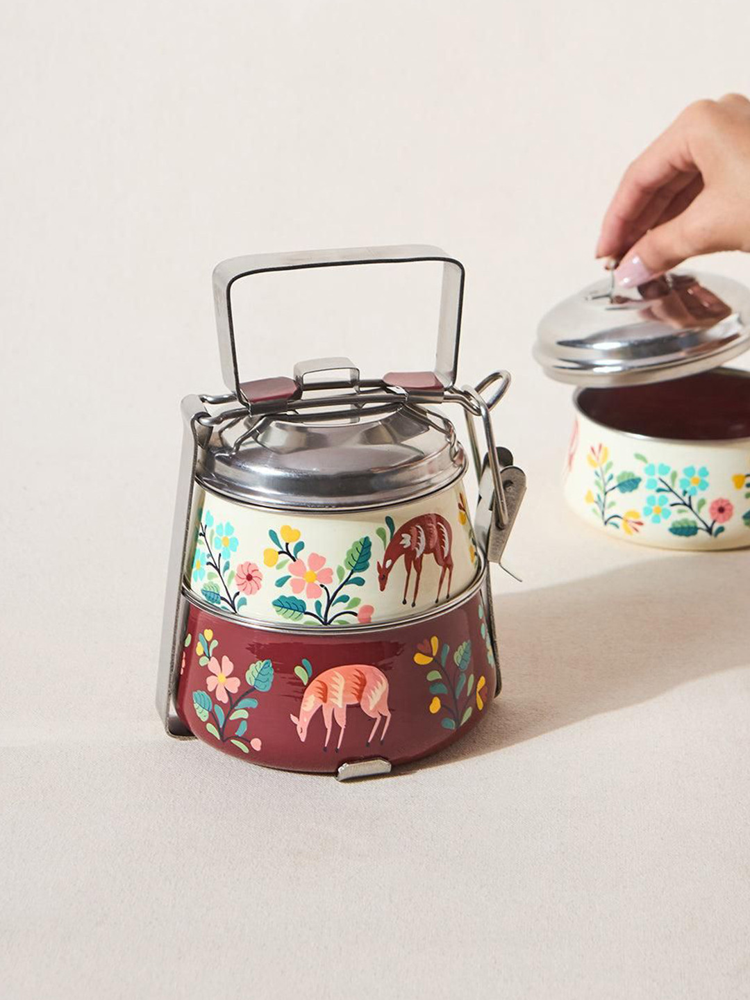 Chumbak Hangul Off White & Maroon Floral Printed 2-Tier Lunch Box-1 L