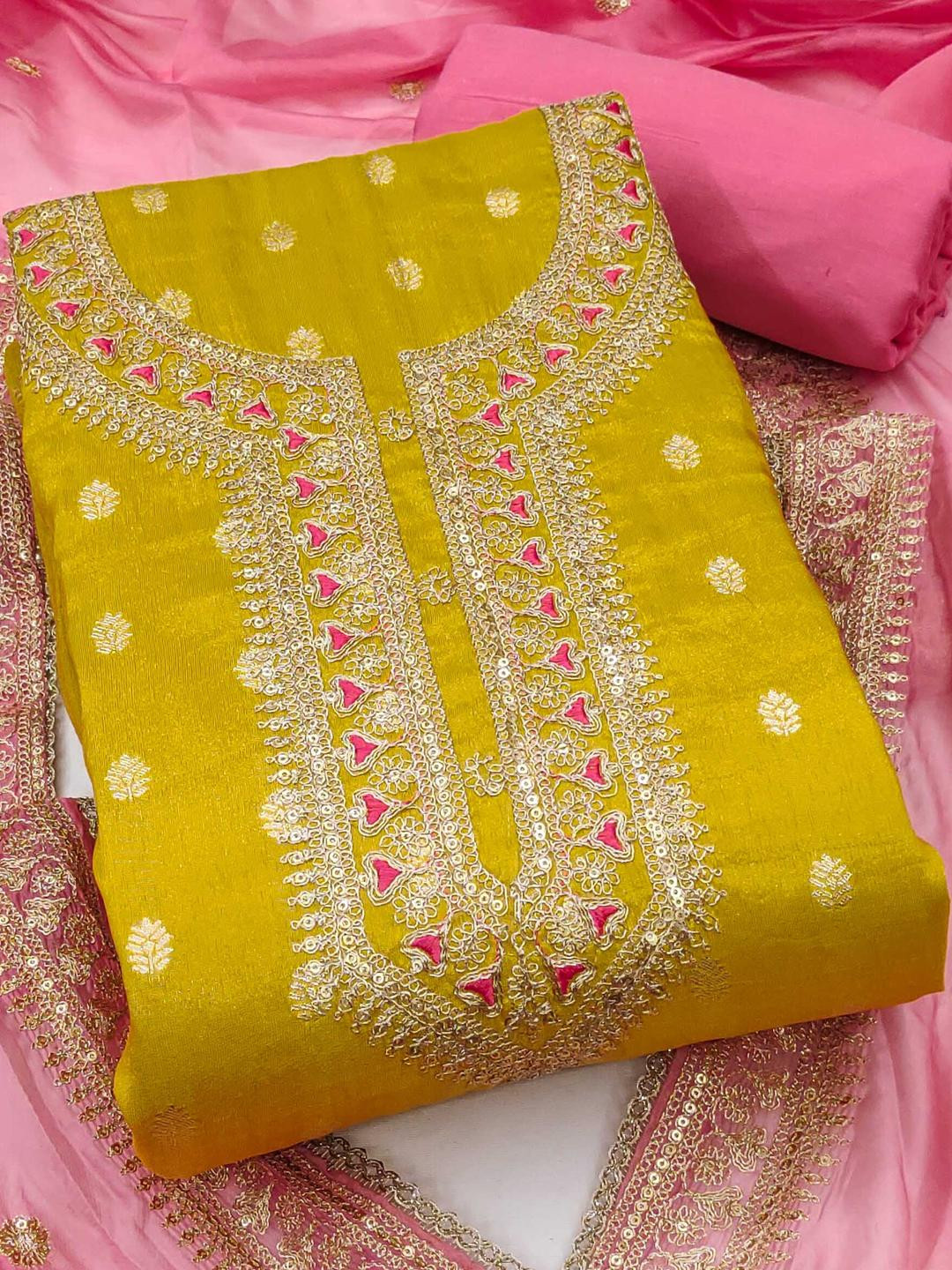 KALINI Women Yellow & Pink Silk Woven Design Unstitched Dress Material