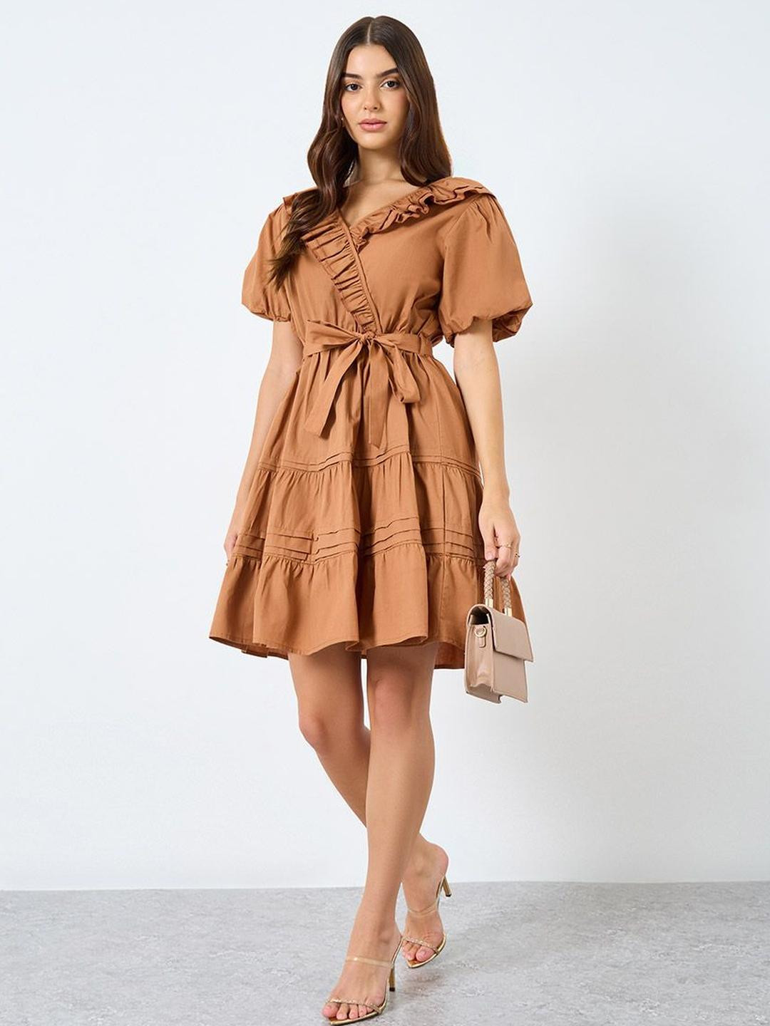 Styli Women V-Neck Puff Sleeves Cotton Wrap Dress With Ruffles Details