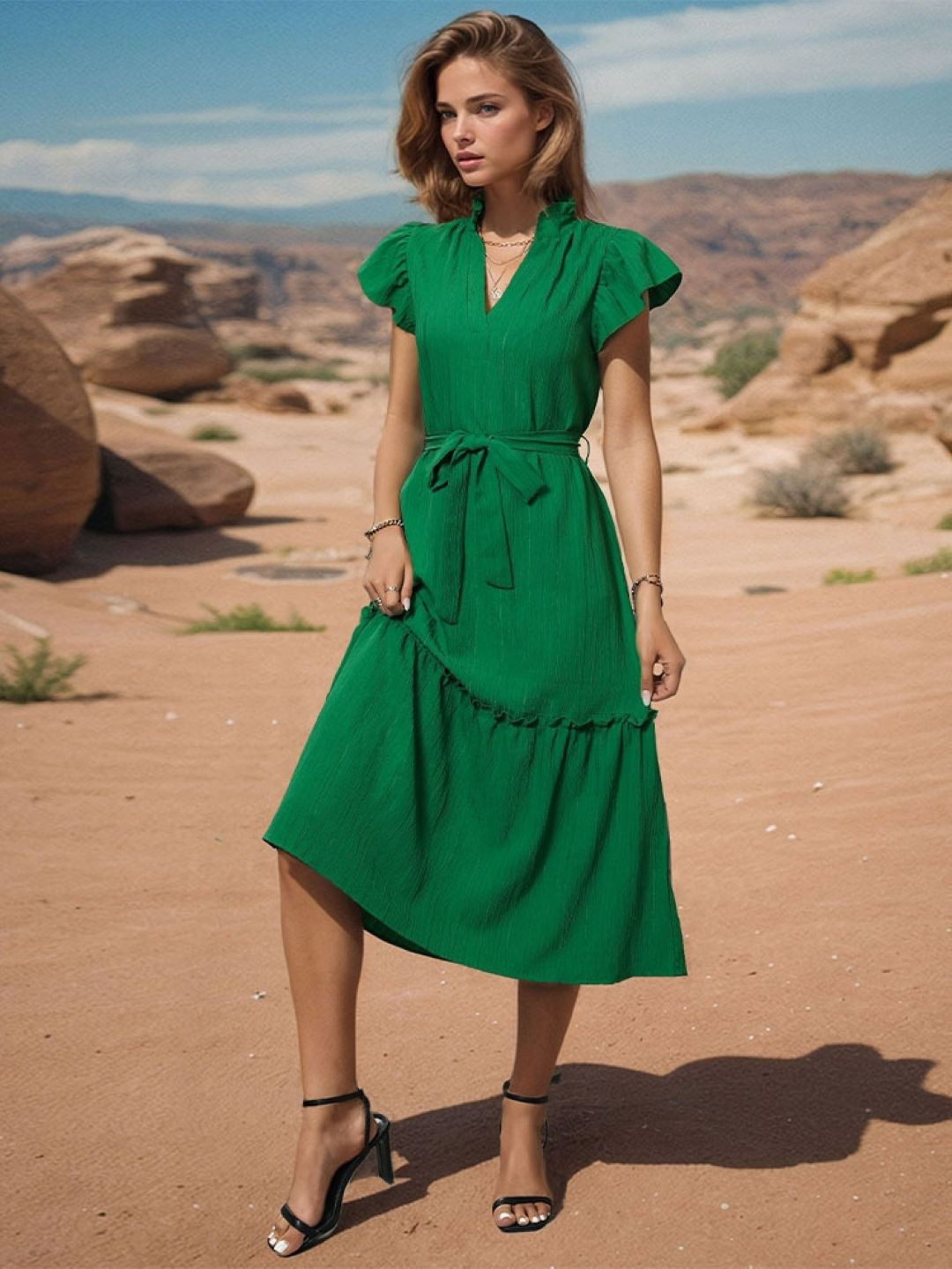 StyleCast Women Belted Short Sleeve Fit & Flare Midi Dress