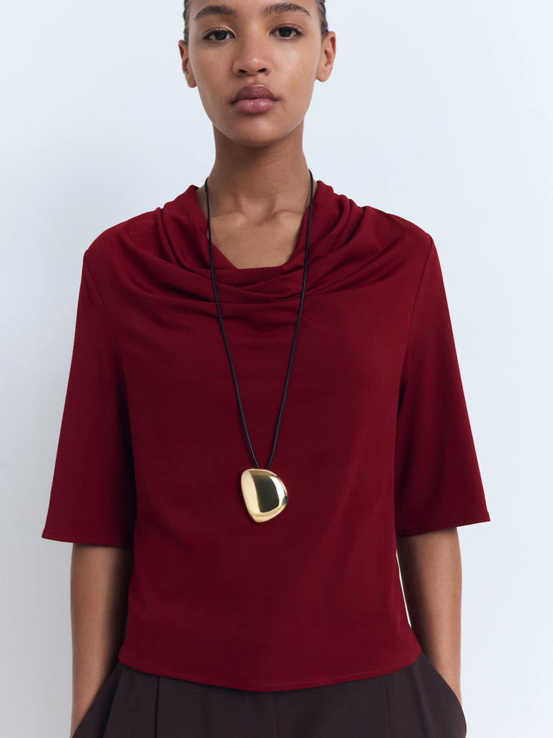 MANGO Cowl Neck Draped Effect Drop-Shoulder Sleeves Top