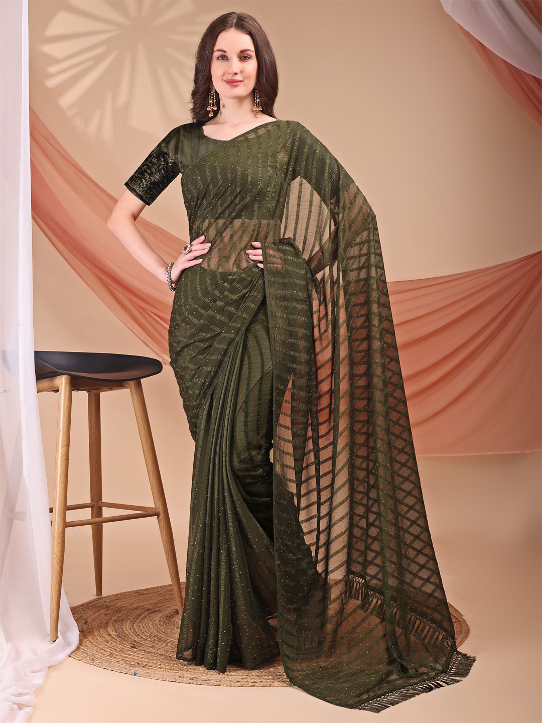 NIYAMI Striped Embellished Beads and Stones Wedding Saree