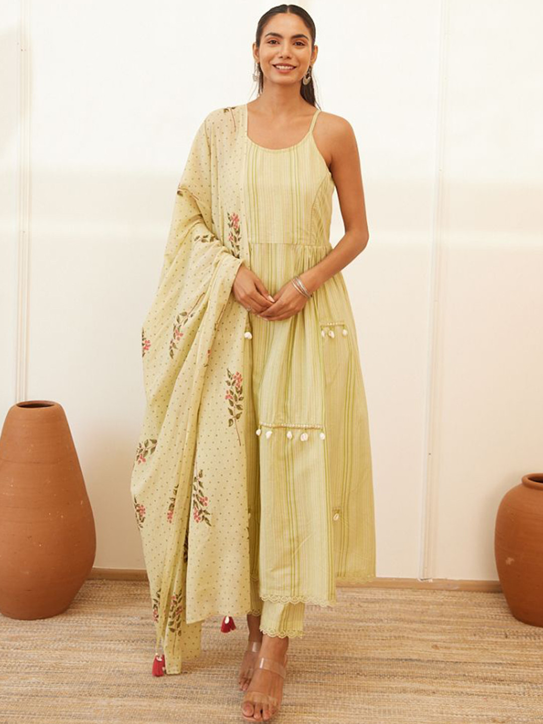 MAAND Women Strip Print with Handwork Detail Pure Cotton Kurta with Trousers & Dupatta