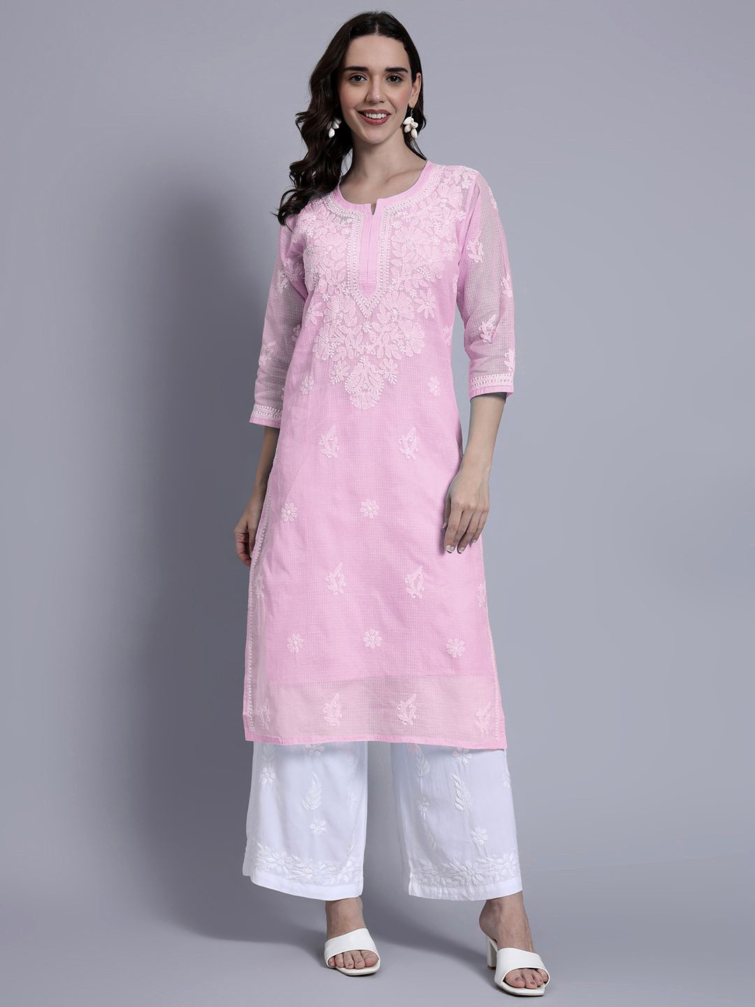 The Chikan Label Women Embroidered Festive Cotton Akshara Kota Kurta with Inner