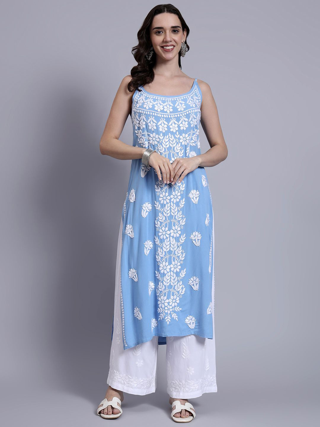 The Chikan Label Women Ethnic Motifs Embroidered Chikankari Long Strappy Kurta