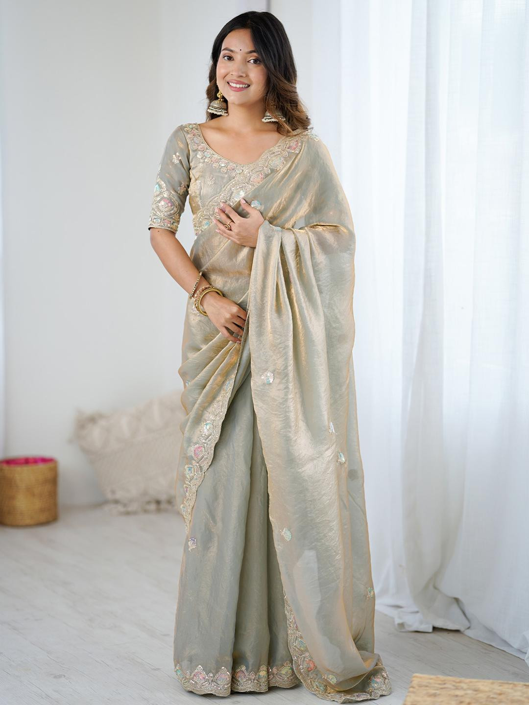 Anouk Beige Embellished Satin Sarees