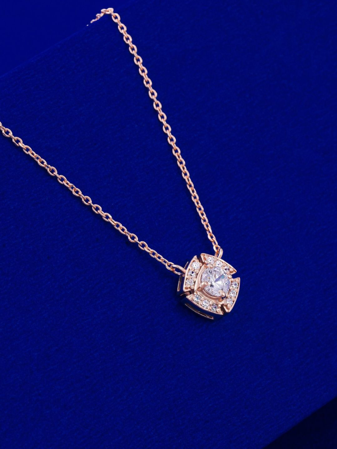 CAUER Rose 925 Sterling Silver Rose Gold-Plated Cubic Zirconia Studded Pendant With Chain