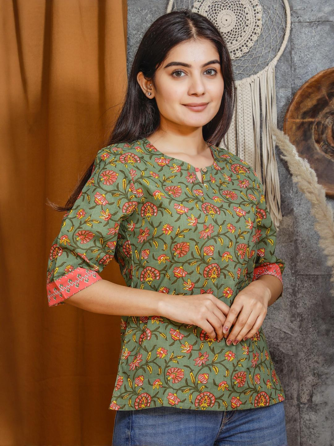Indiwest Women Mehandi Floral Printed Ethnic Cotton Casual Top
