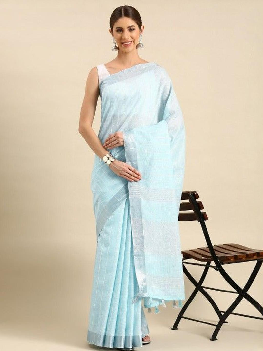 KARAGIRI Blue Zari Border Saree With Blouse Piece