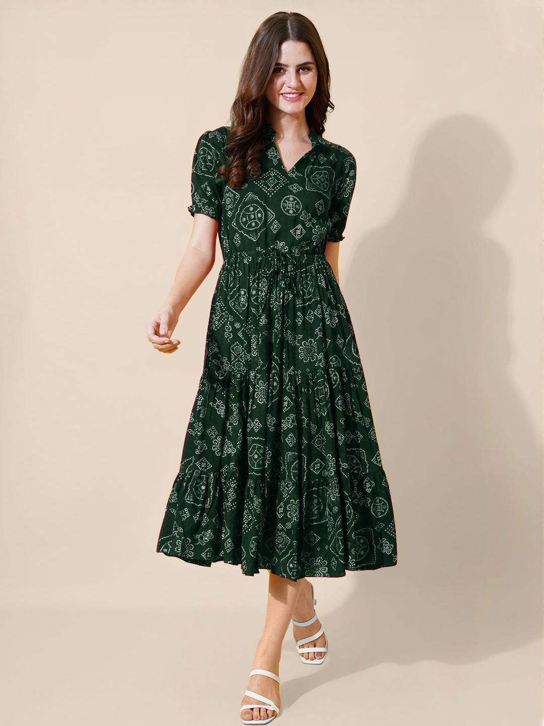 FLOWERVELLY Ethnic Motifs Print Puff Sleeve Fit & Flare Midi Dress