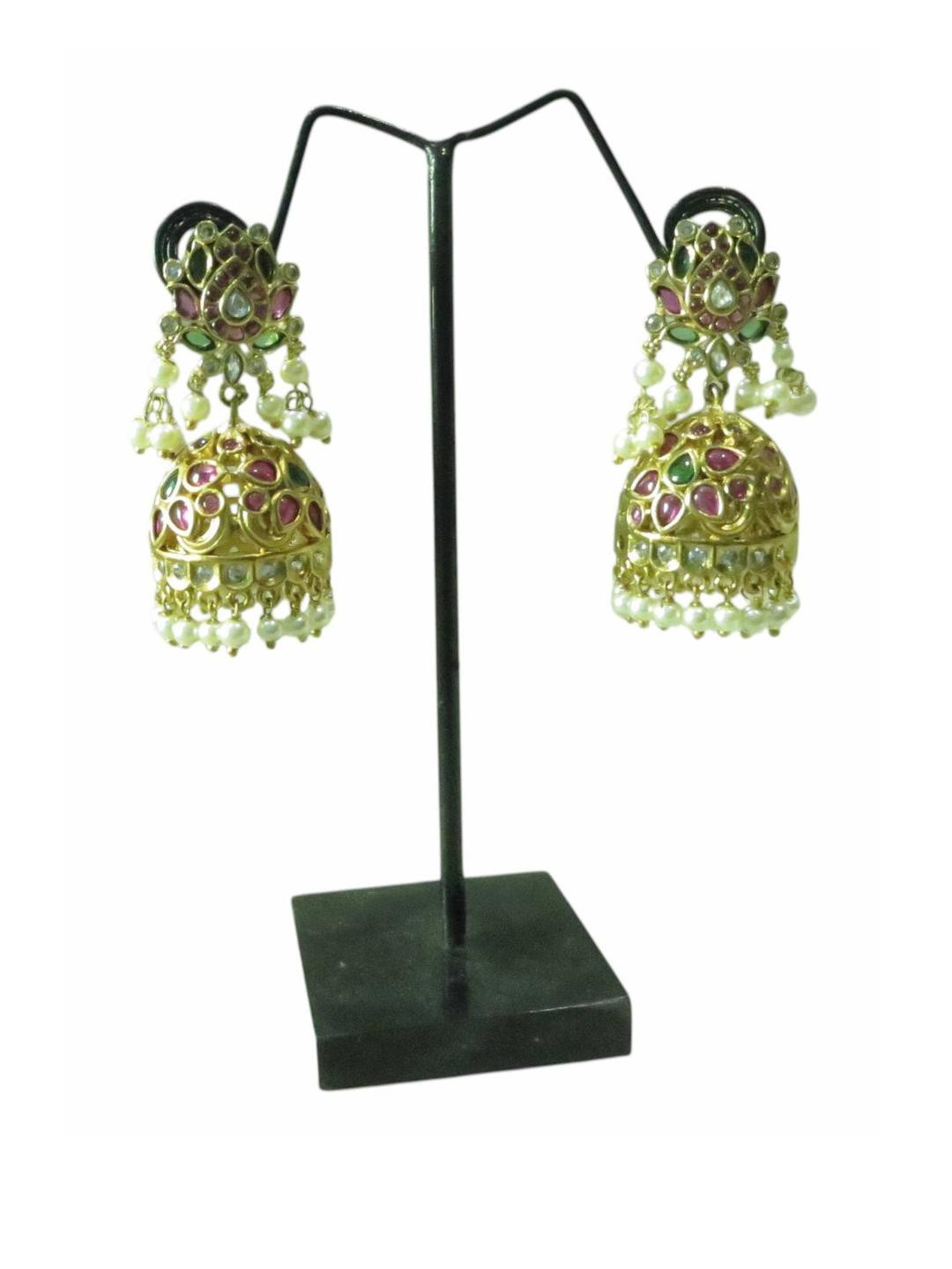 RNG Classic Women Multi Colour Brass Artificial Stones Gold-Plated Jhumkas Earrings