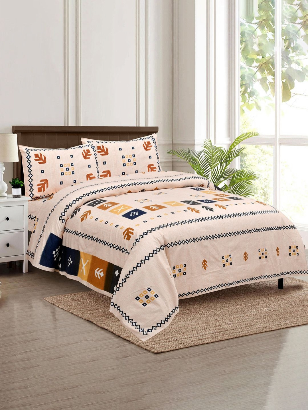 Aura Peach & Yellow Graphic Printed 160 TC King Bedsheet Set-2.72m x 2.29 m x 0.1 m