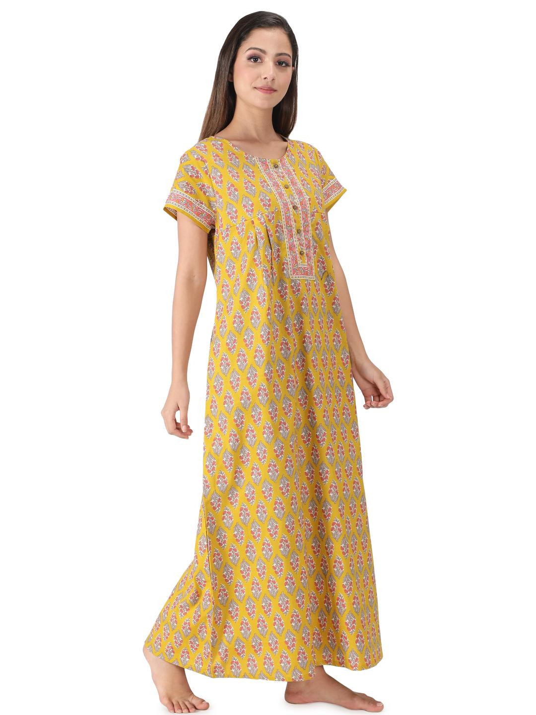 Nihsamah Women Yellow Floral Printed Round Neck Button-Ups Maxi Nightdress