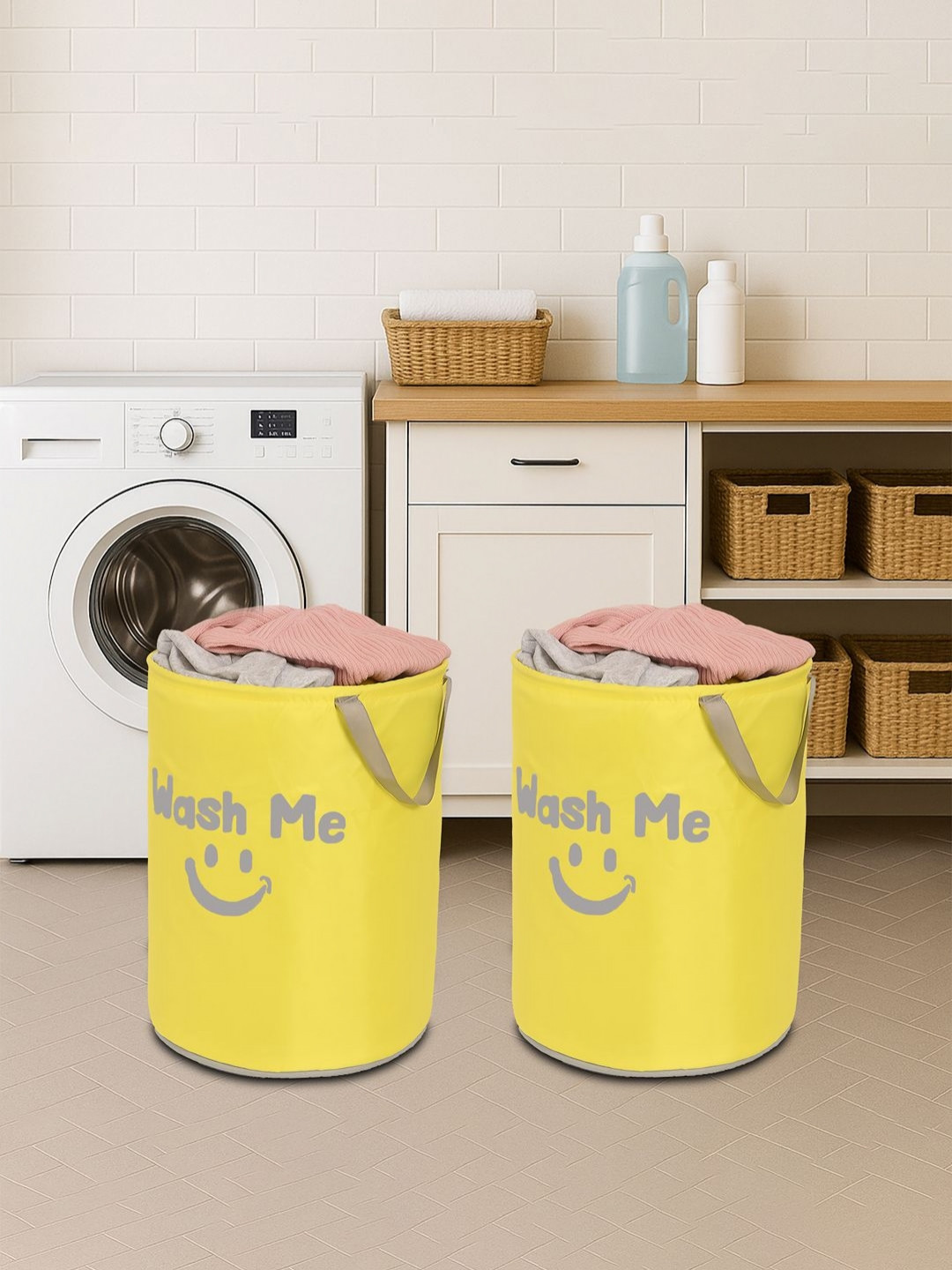 Aura Yellow And Grey 2 Pcs Printed Foldable Laundry Bags With Carry Handles