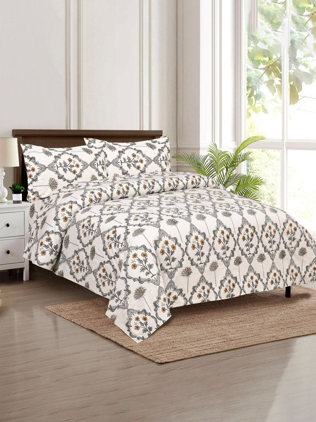 Aura White & Grey 4 Pieces Ethnic Motifs Cotton AC Room 150 GSM Double Bed Dohars