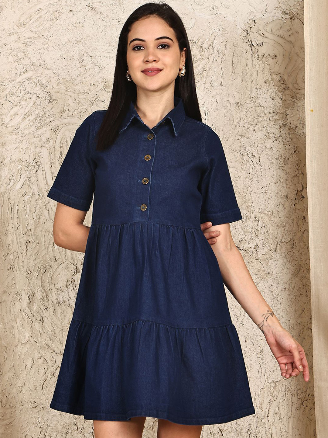 PUELLA Shirt Collar Tiered Denim Shirt Dress
