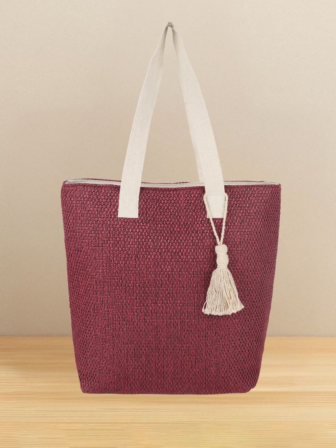 Abbana Jute Textured Shopper Shoulder Bag With Tasselled