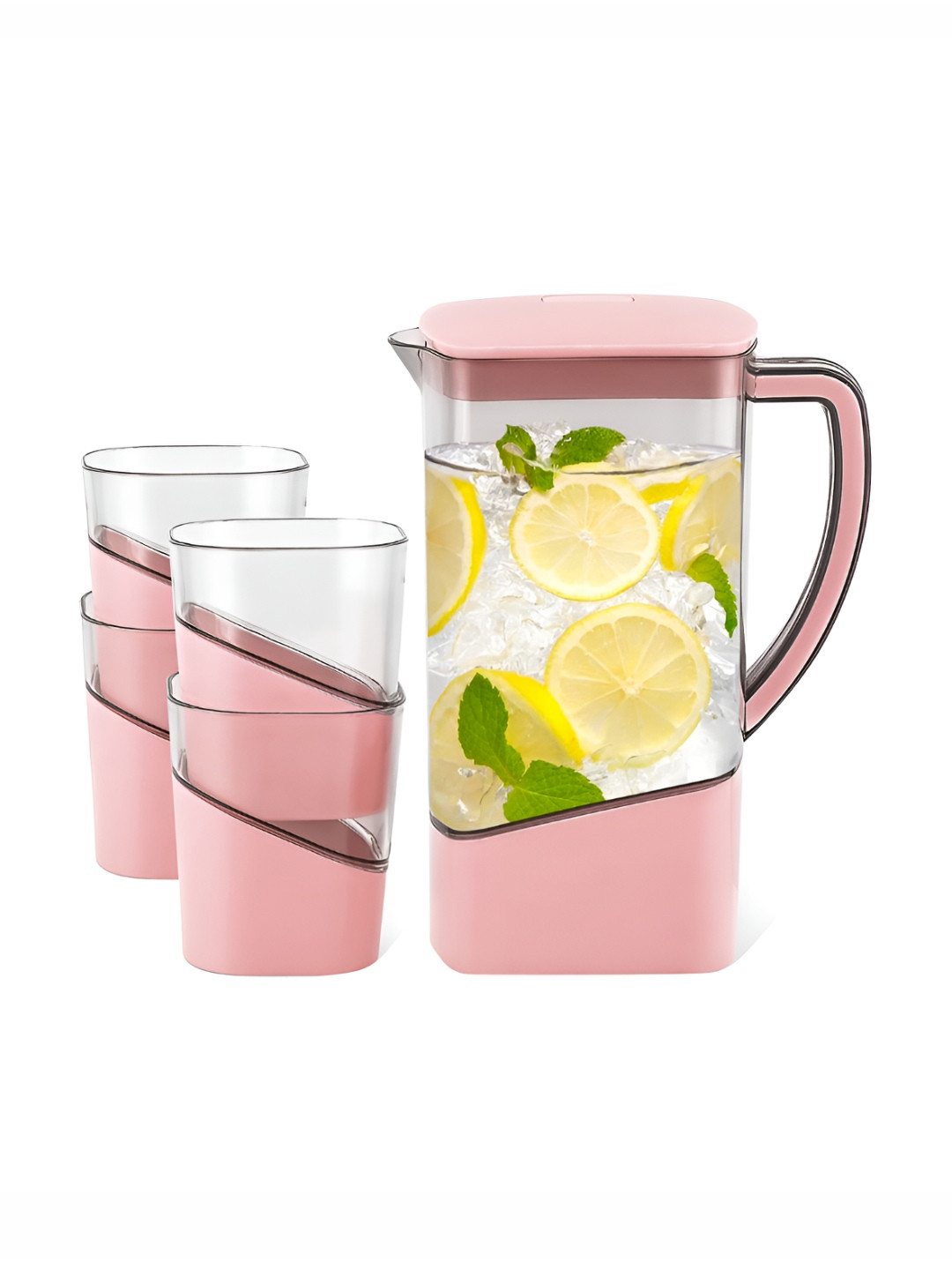 Aura Pink & Transparent Dishwasher Safe Plastic Water Jugs With Lid and 4 Glasses