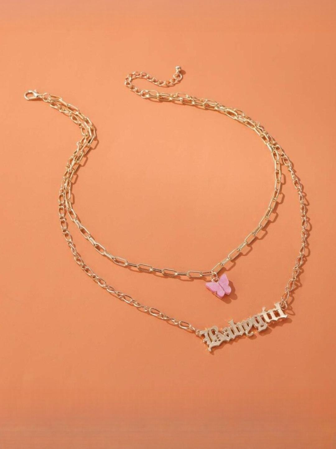 DressBerry Women Gold Plated Double Layered Pink Butterfly and Babygirl Word Necklace