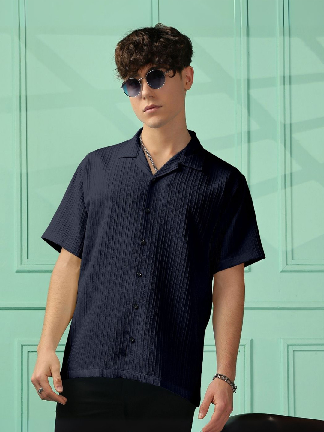 Urban Buccachi Men Premium Fit Textured Cuban Collar Casual Shirt