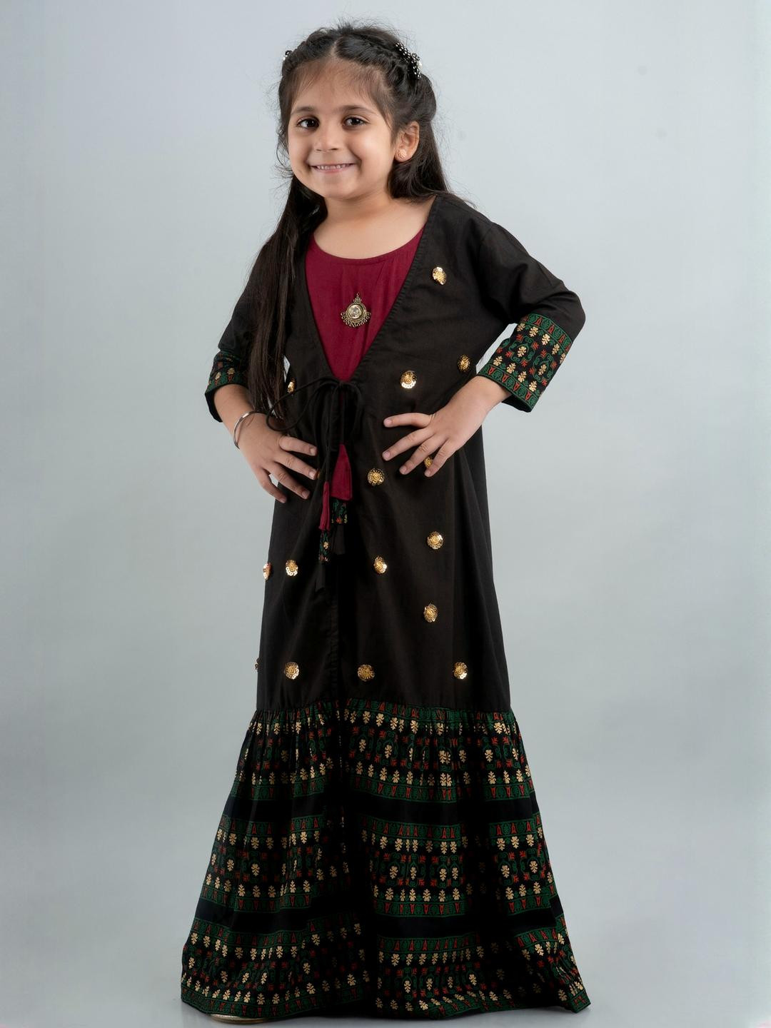 Sangria Girls Black & Maroon Embllished Anarkali Kurta