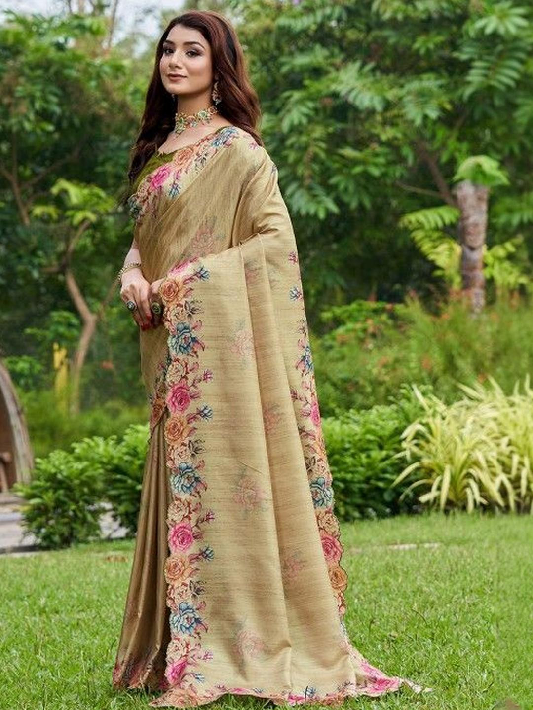 KARAGIRI Cream Silk Blend Festive Saree With Blouse Piece