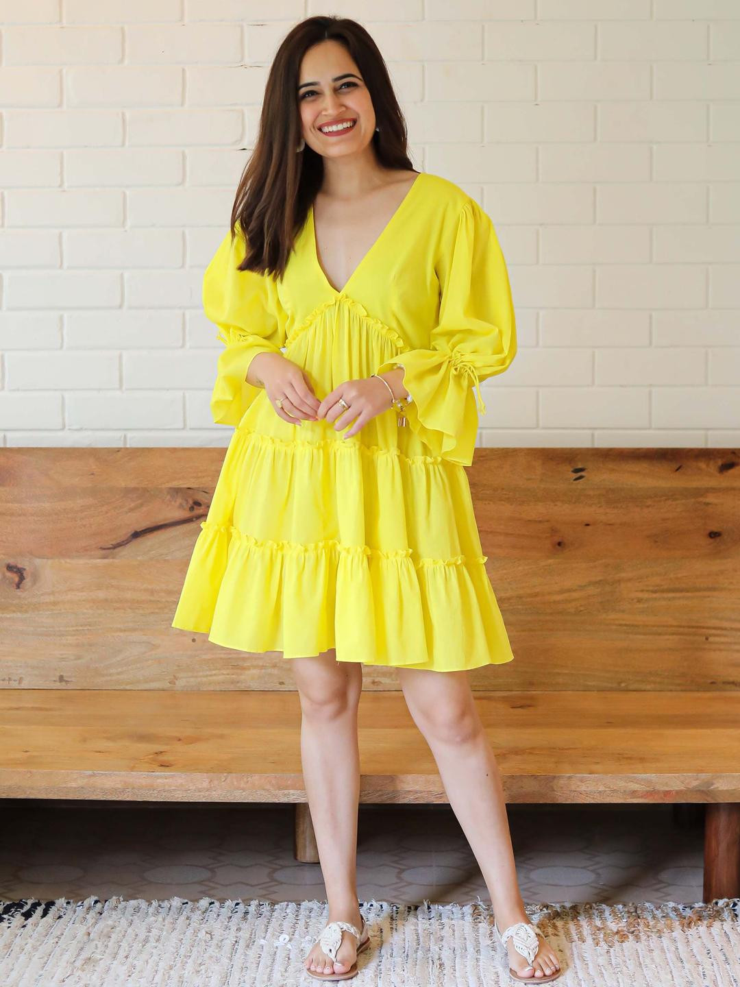 Ordinaree Buttercup V-Neck Fit And Flare Cotton Dress