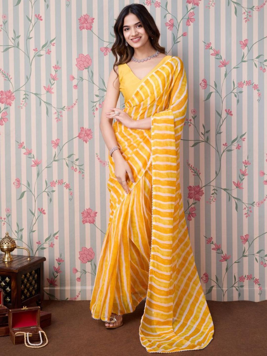 Zili Yellow Pure Georgette Leheriya Sarees