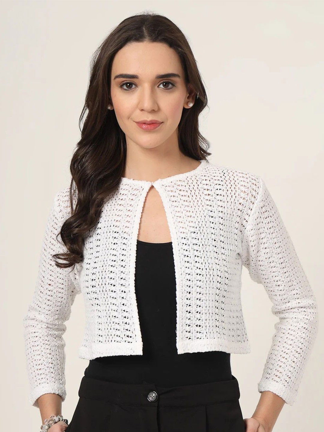 NATURE CRAFT Self Design Mandarin Collar Open Front Cotton Shrug