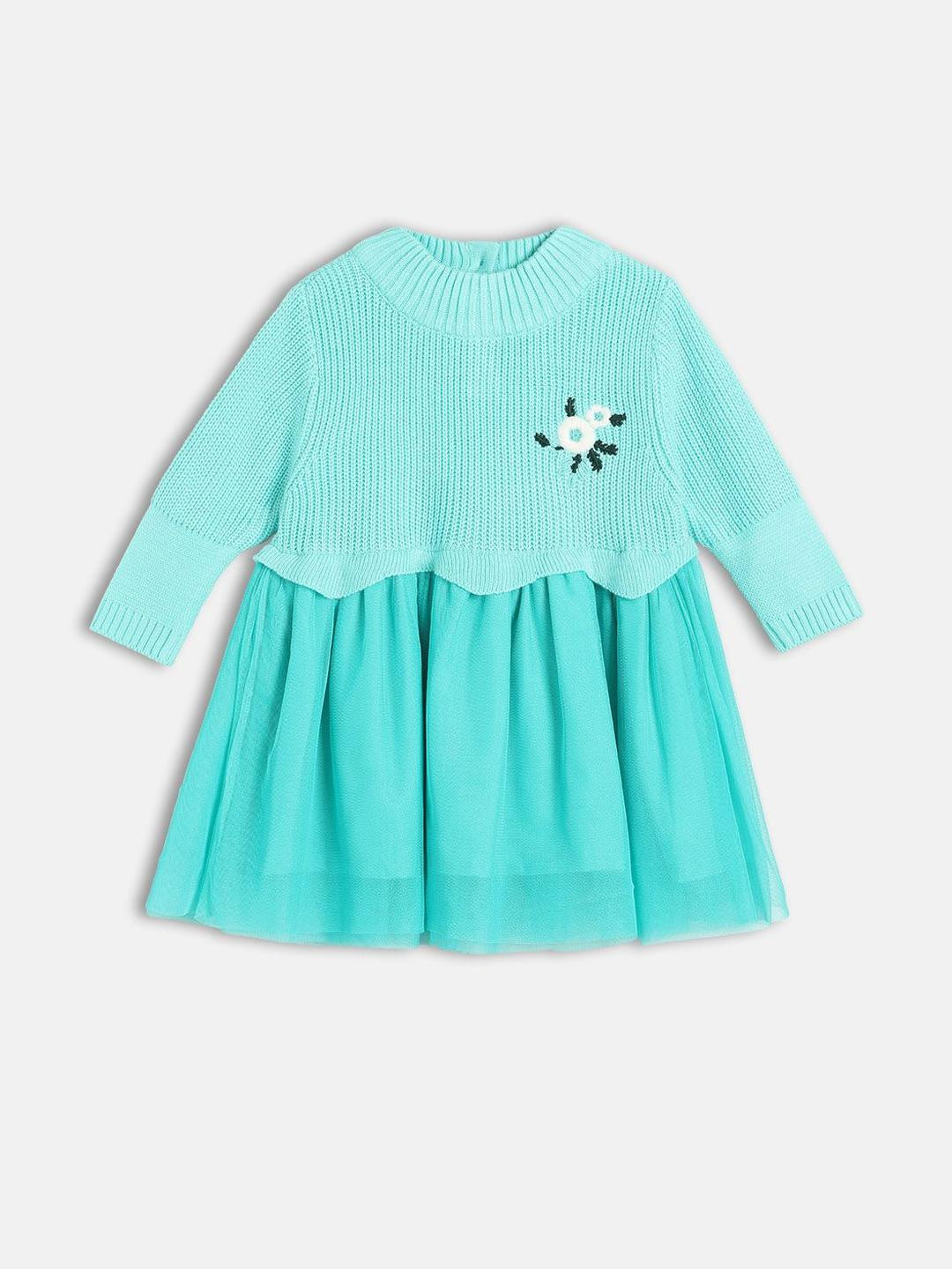 MINI KLUB Girls High Neck Embroidered Floral A-Line Dress