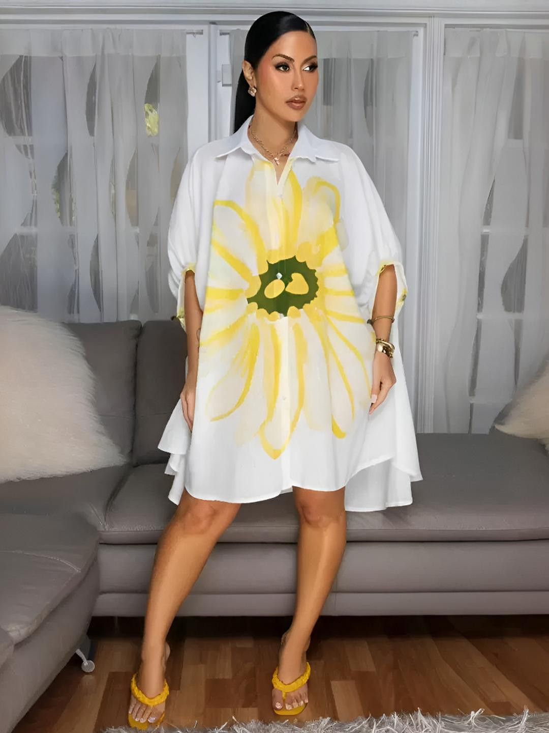 HERE&NOW Women White & Yellow Floral Printed Shirt Collar Polyester Asymmetric Shirt Dress