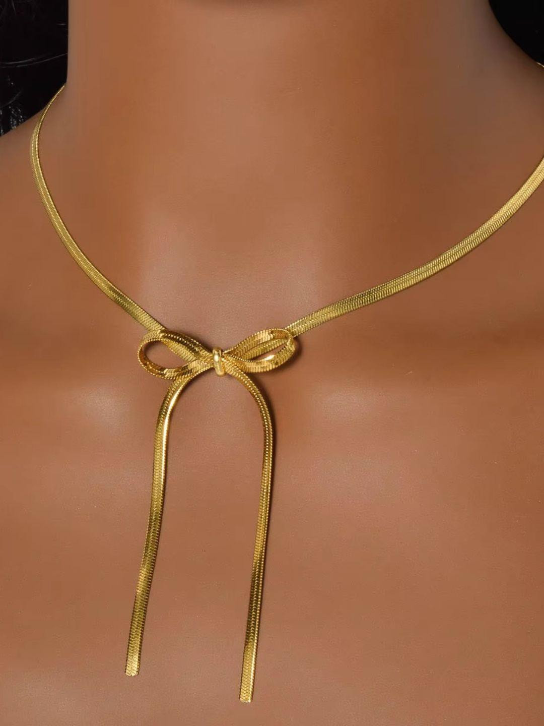 SZN Gold Pleated Ribbon Tie Statement Necklace