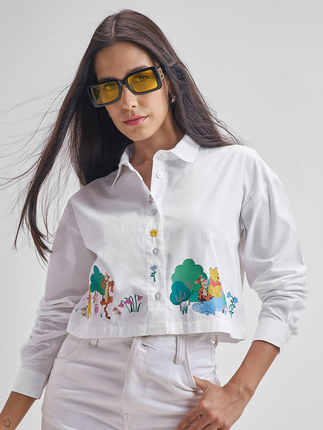 Tokyo Talkies Boxy Winnie The Pooh & Pals Cutaway Collar Boxy Cotton Crop Shirt