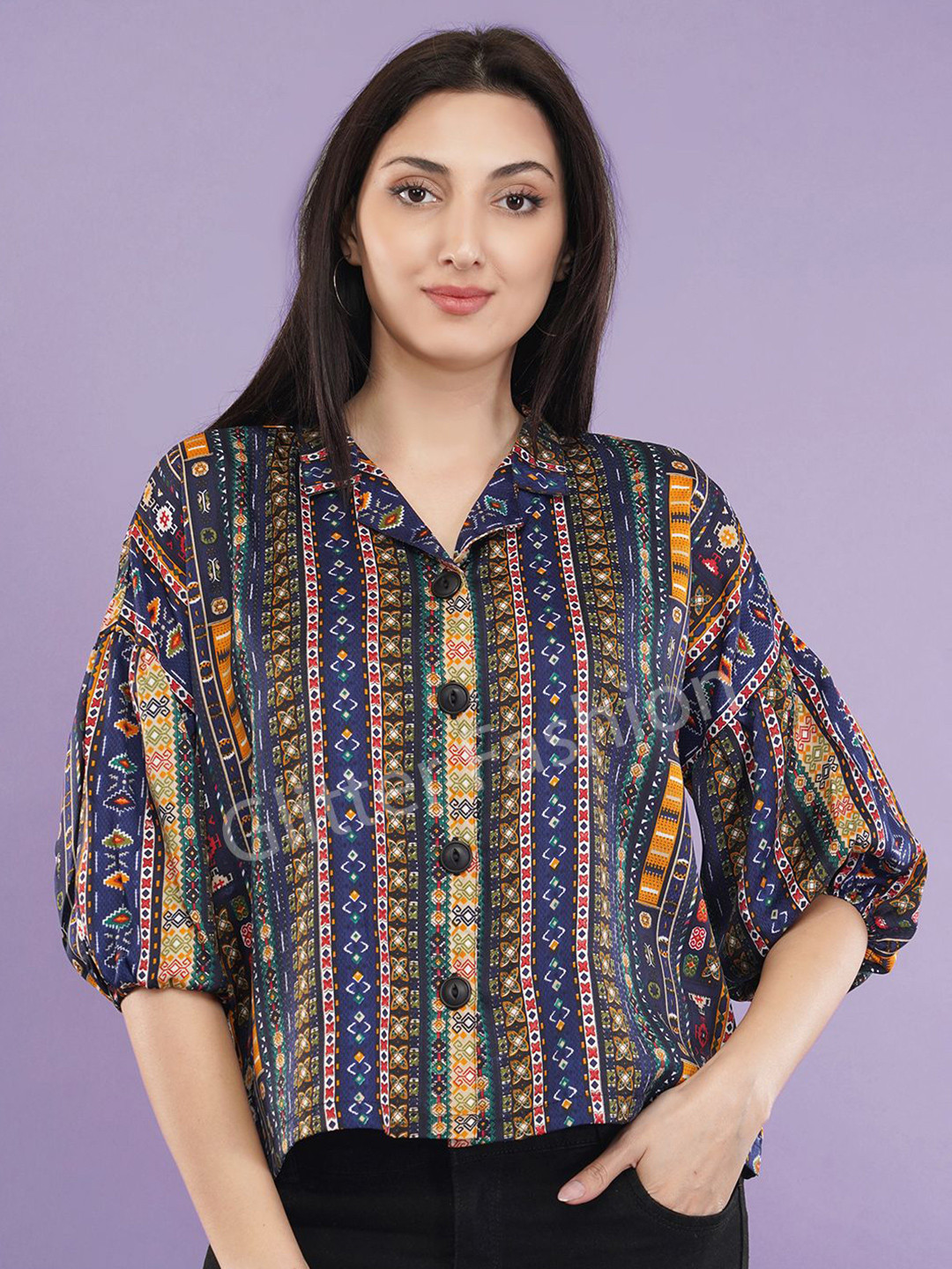 Glitter fashion Boxy Printed Spread Collar Puff Sleeves Crepe Shirt