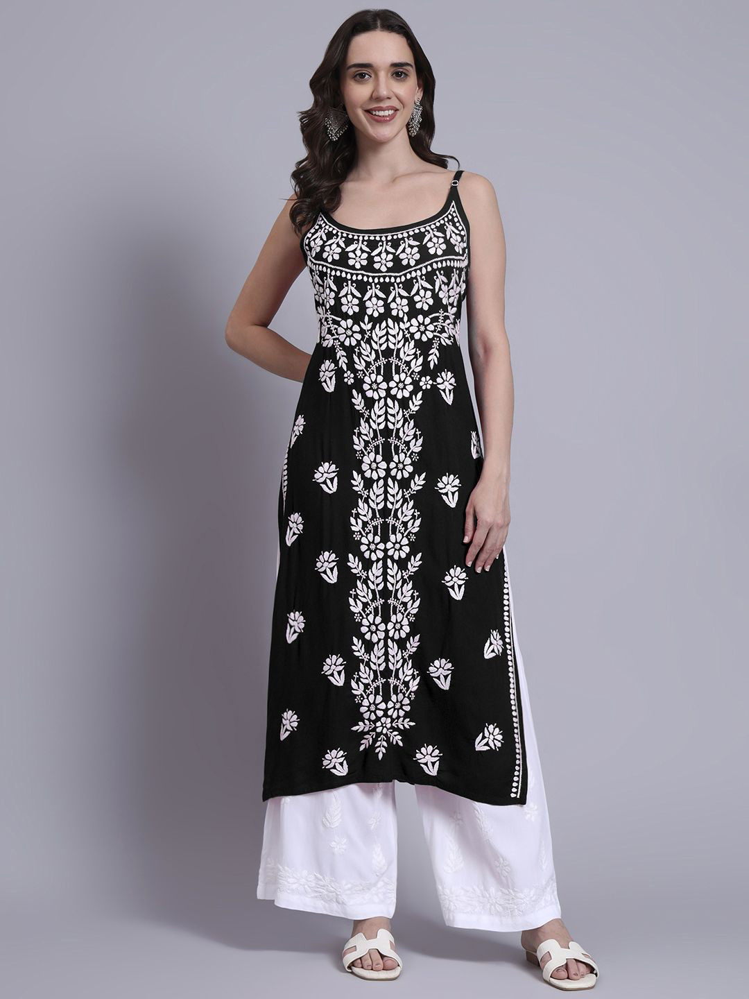 The Chikan Label Aliza Floral Embroidered Chikankari Modal Straight Kurta
