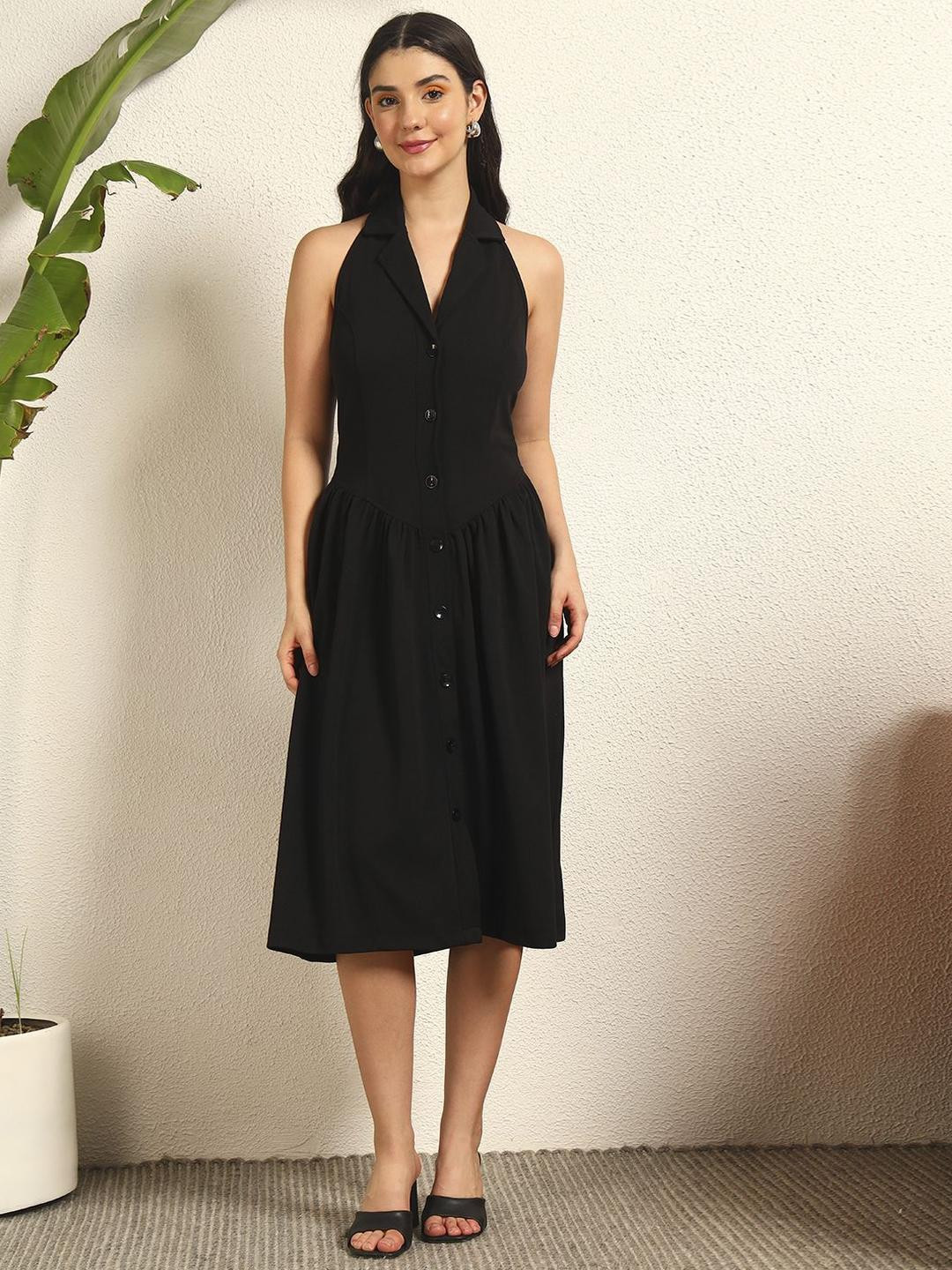TANDUL Women Stunning Black A-Line Midi Dress