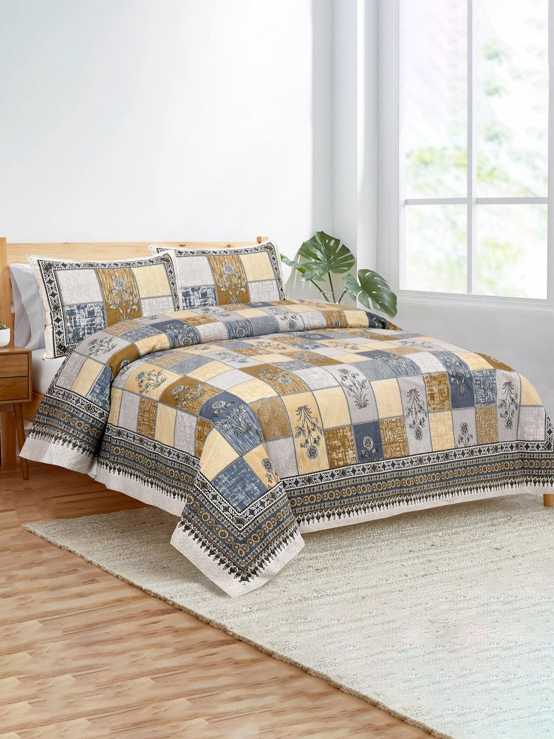 Aura Grey & Mustard Graphic Printed 160 TC King Bedsheet Set-2.72m x 2.29 m x 0.1 m