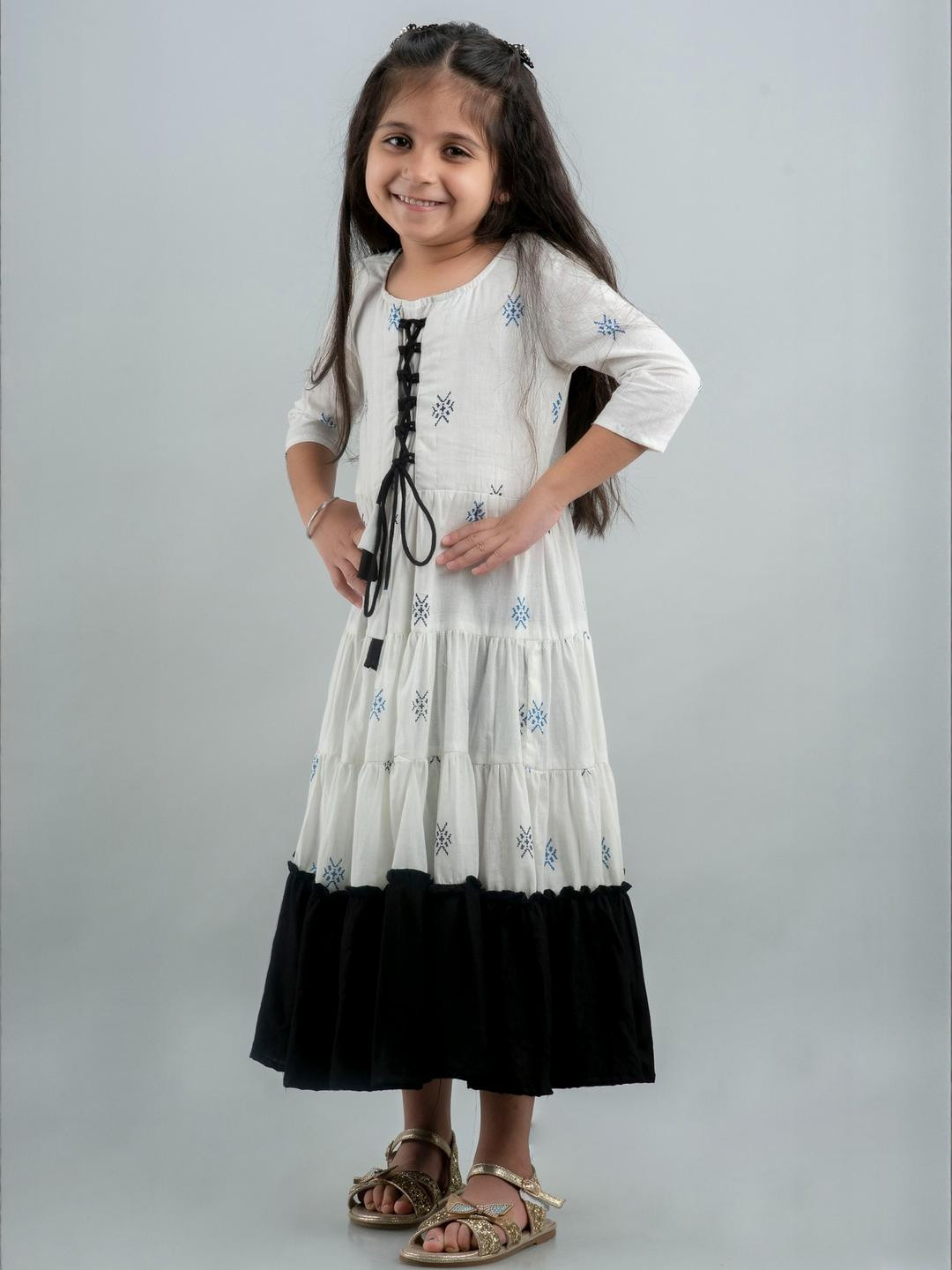 Sangria Girls White and Black Printed Pure Cotton Anarkali Ethnic Dresses