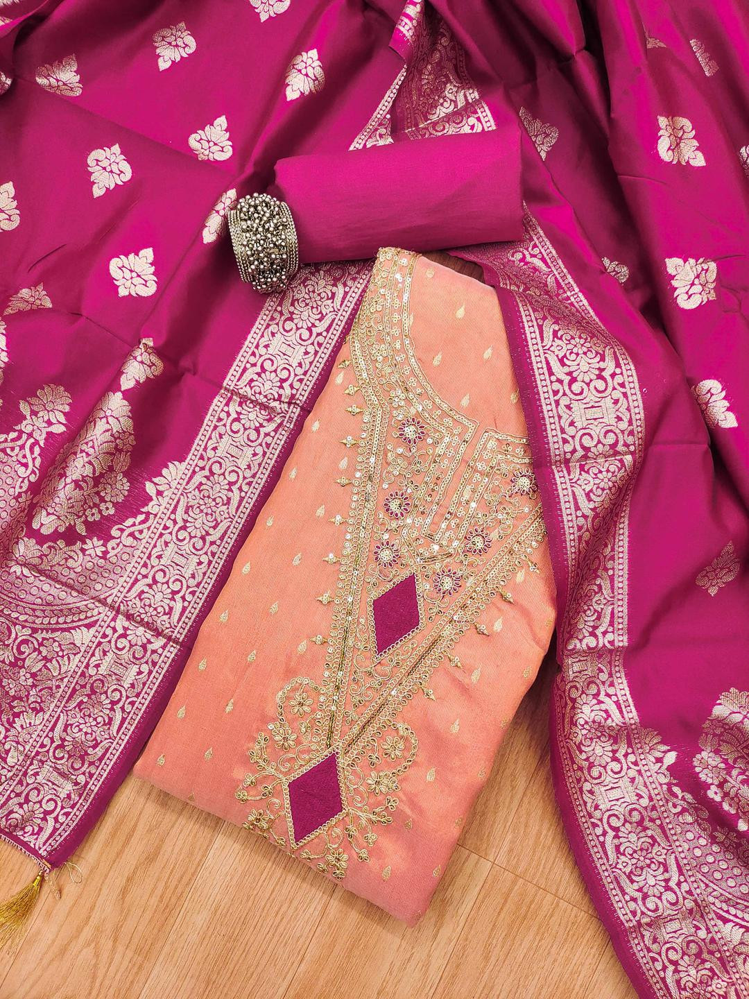 KALINI Women Peach & Pink Woven Design Unstitched Dress Material with Dupatta