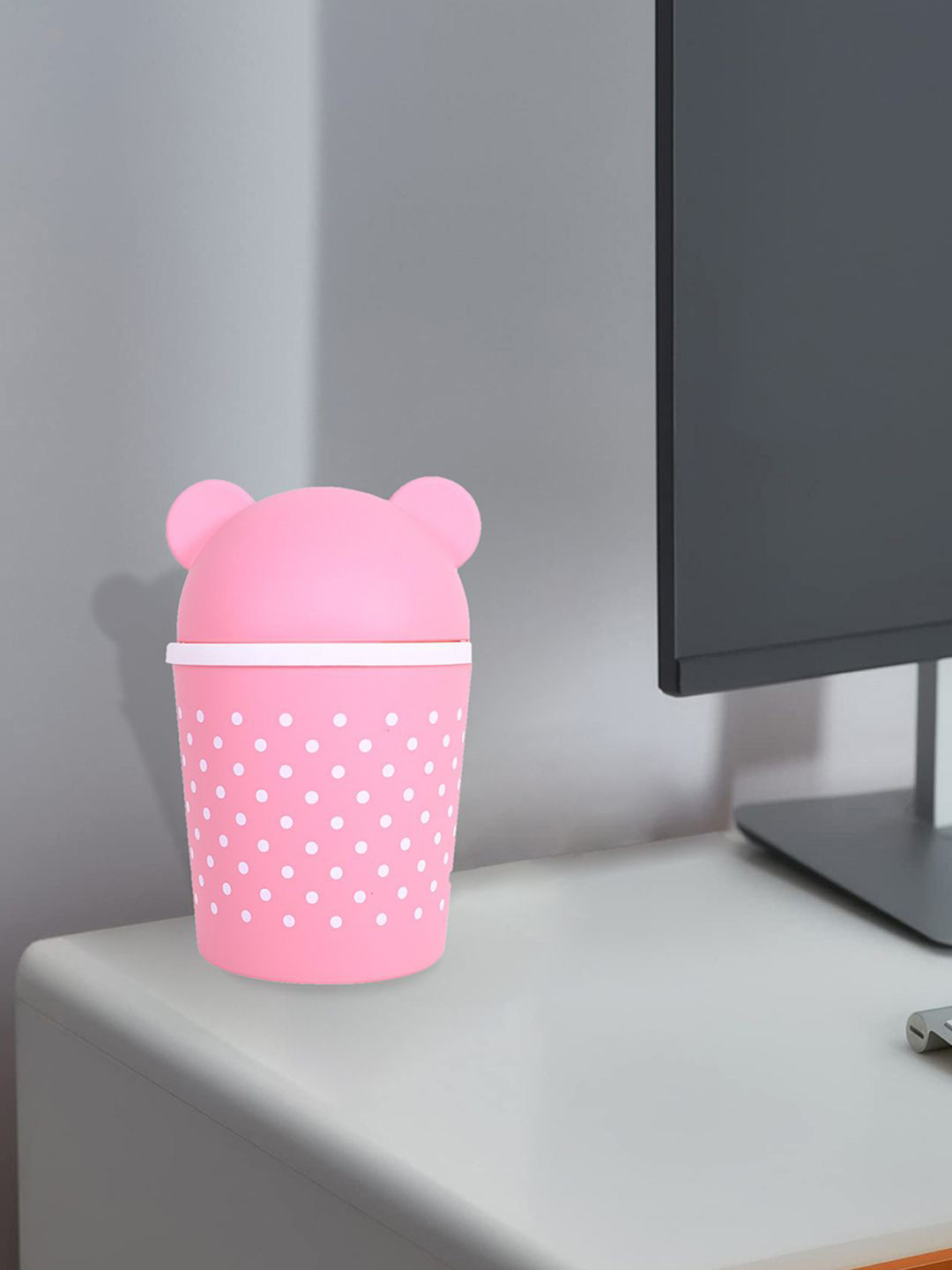 Kuber Industries Pink & White Printed Swing Lid Table Dustbin