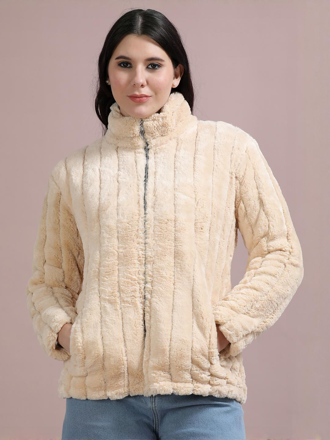 ALLWIN PAUL Women Cream Faux Fur Self Design Jackets