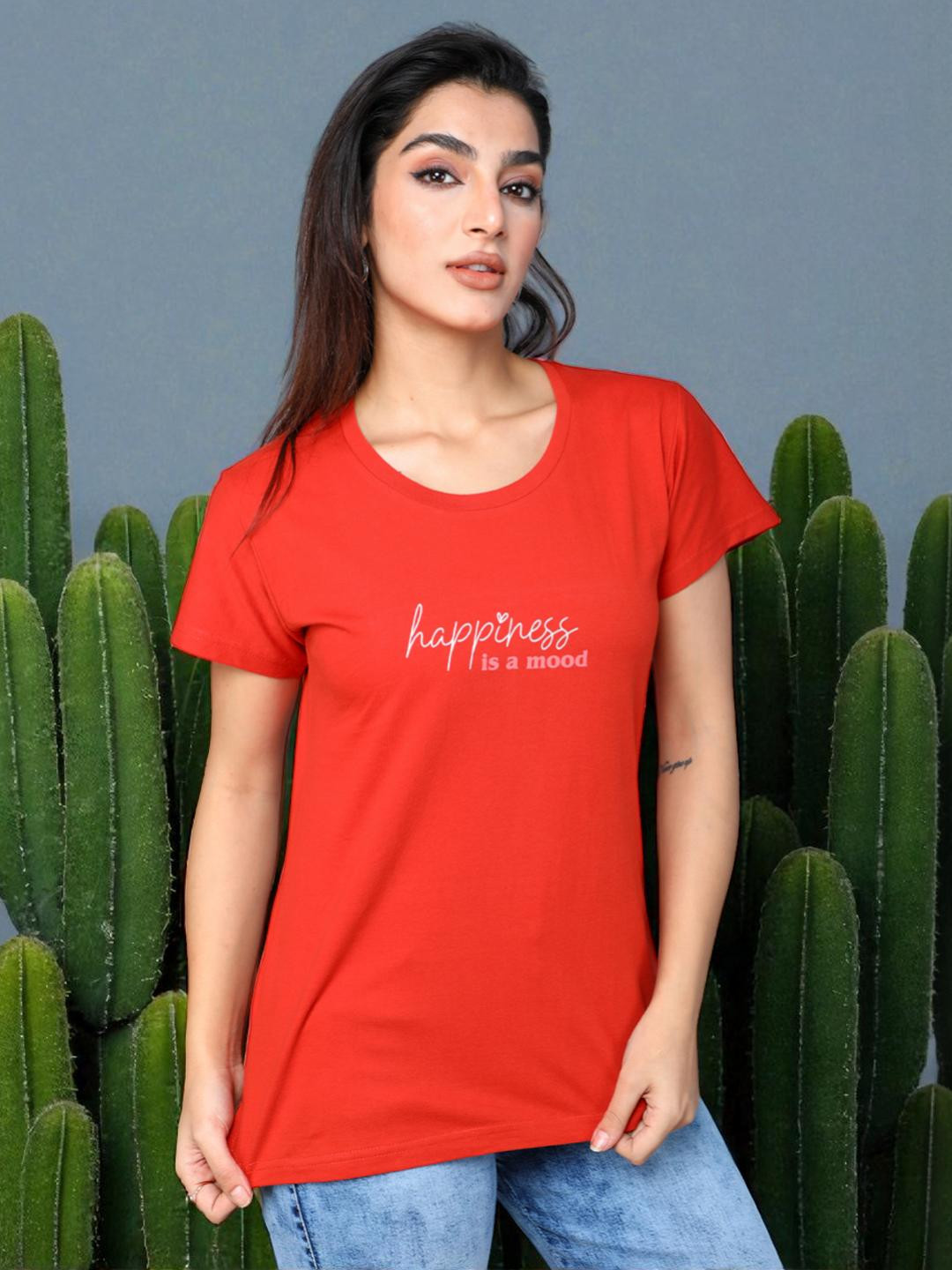 DressBerry Women Orange Front Chest Print Round Neck T-shirt