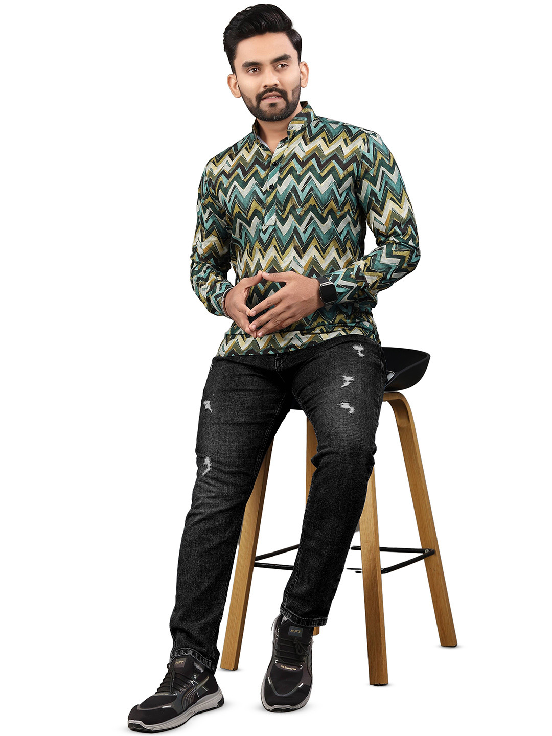 Moda Rapido Men Chevron Printed Full Sleeve Pure Cotton Short Kurta