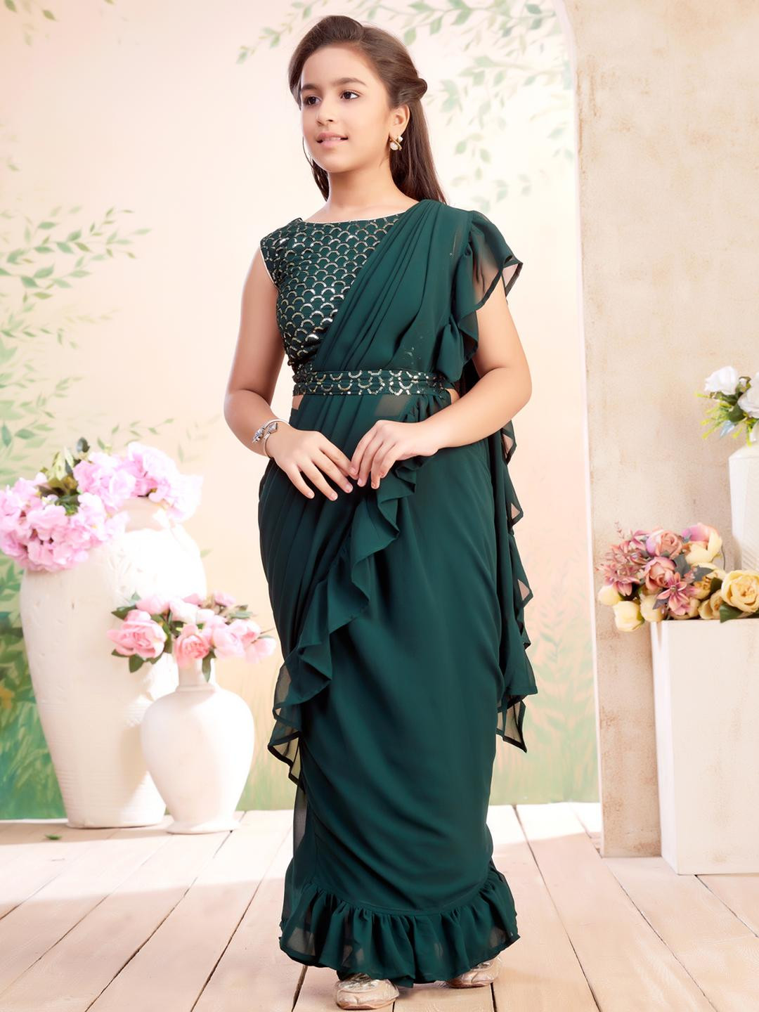 Muhuratam Girls Green Silk Georgette Lehenga & Blouse Set