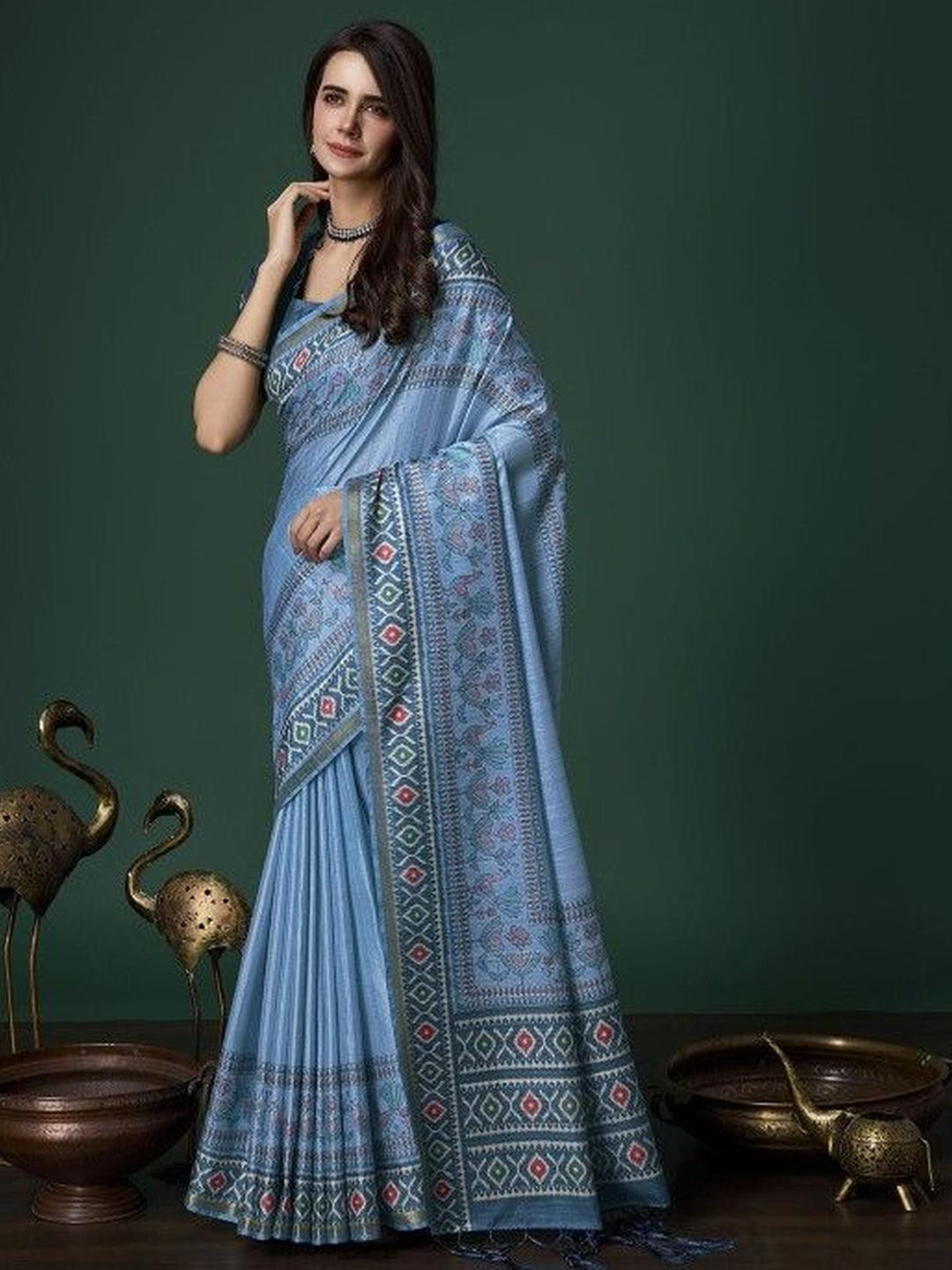KARAGIRI Blue Mangalagiri Silk Saree With Blouse Piece