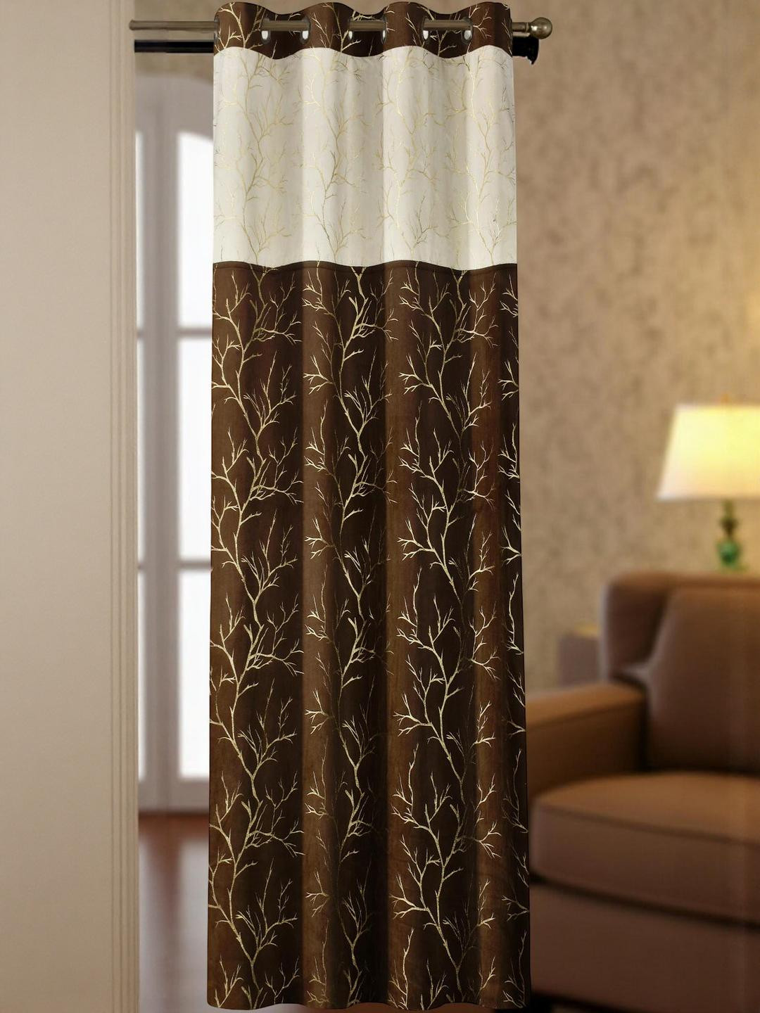 IVAZA Coffee Brown & White Floral Prited Long Door Curtain